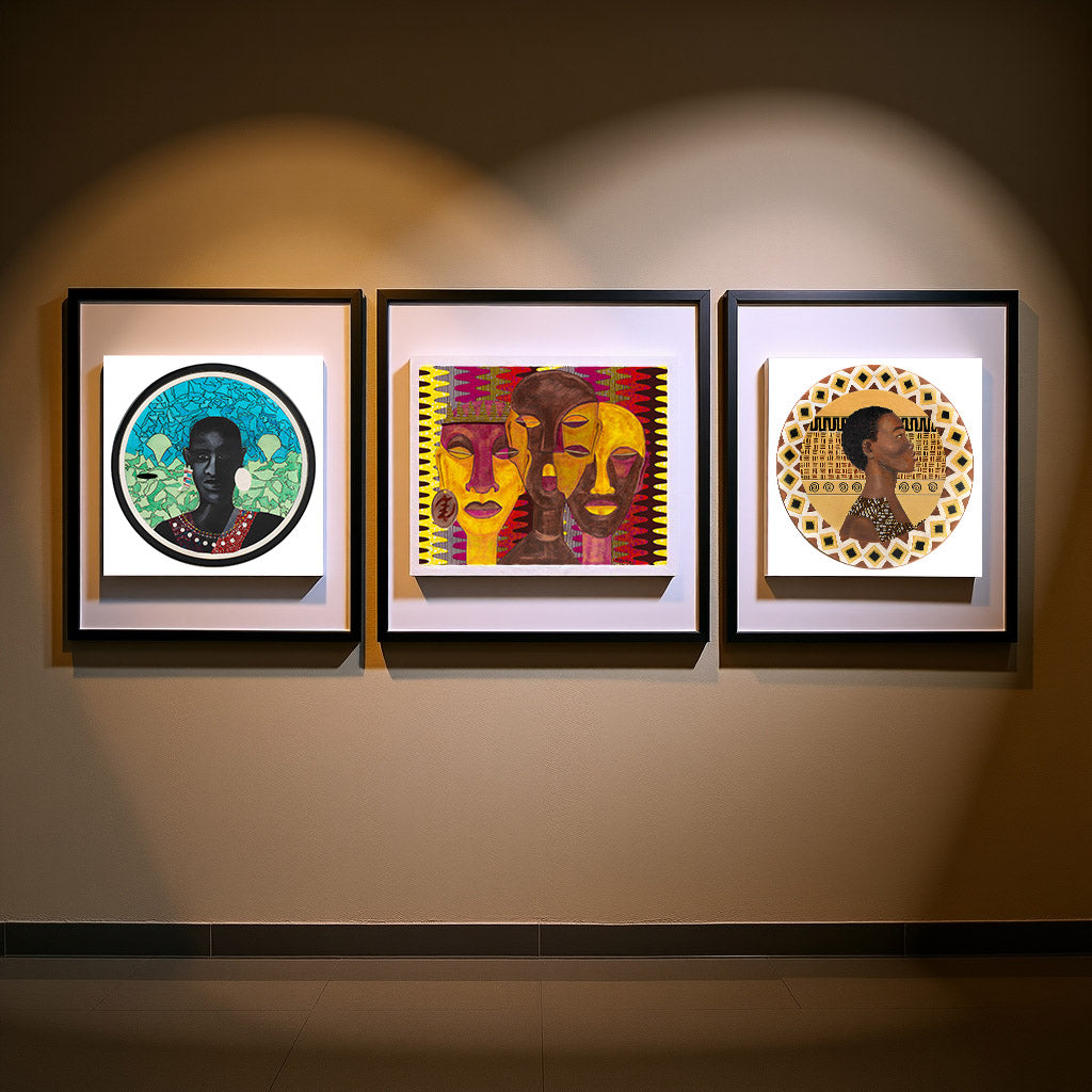 3 african figurative pieces of art mounted on 3 large frames in a dark studio