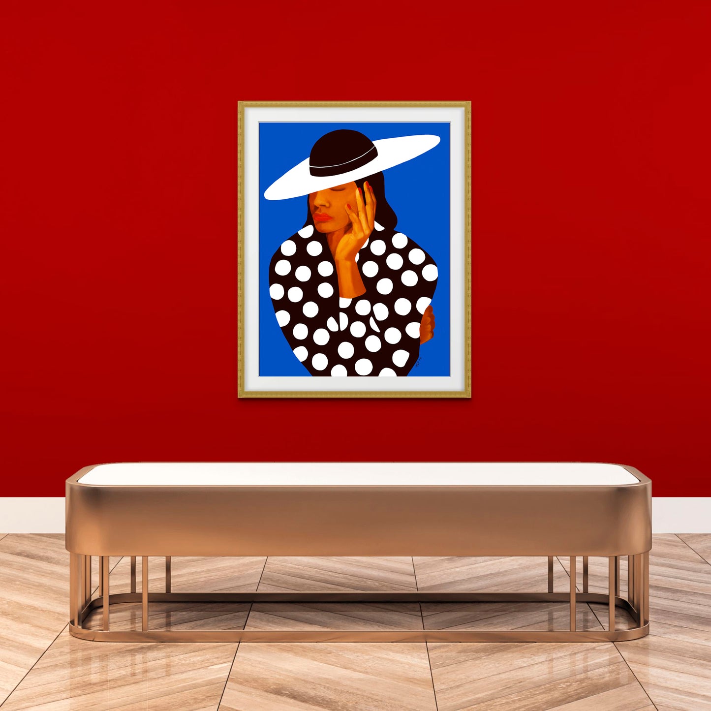 Diva in Black and White Polka Dots – Fashion Art Print - framed in gold with white mat in red gallery