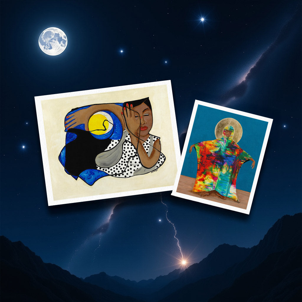Two artistic portraits of black women on a night sky with mountains and lightning.