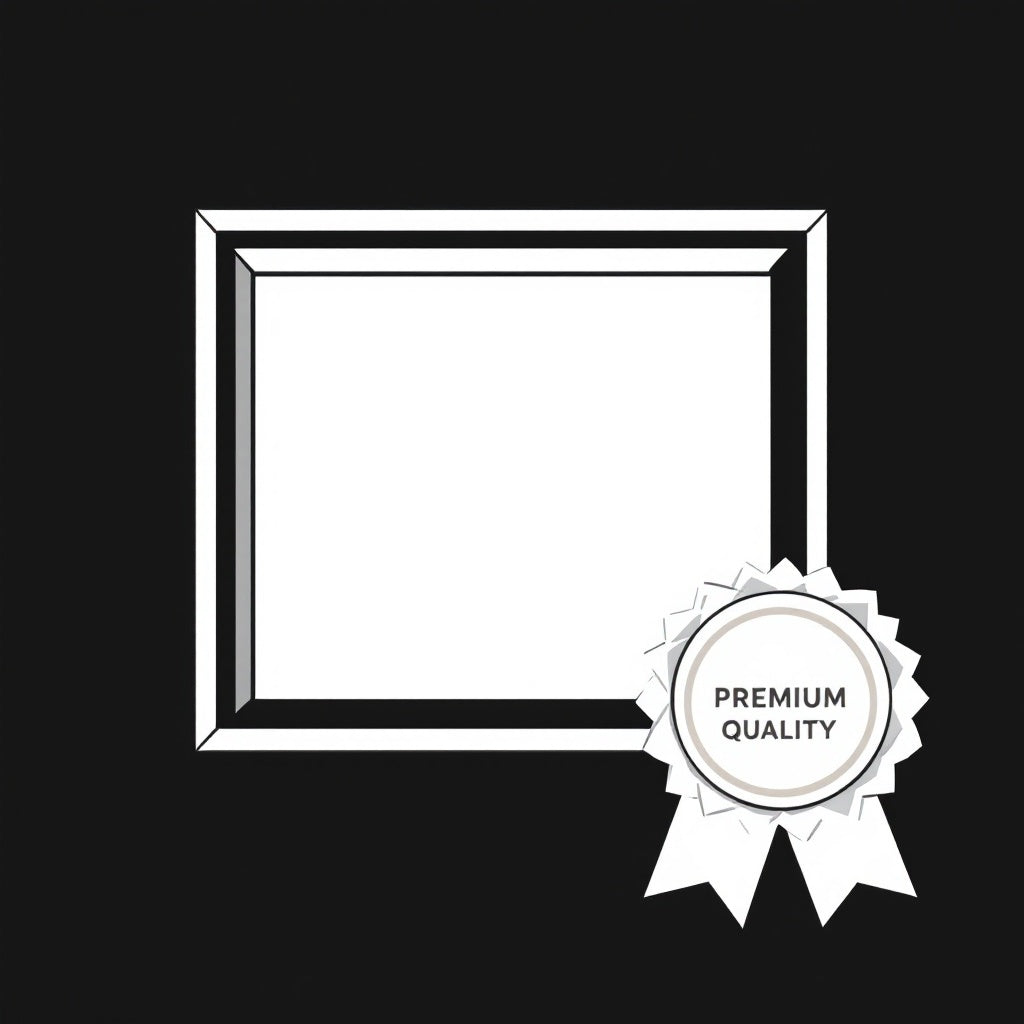graphic showing a black and white picture frame with a ribbon that says premium quality