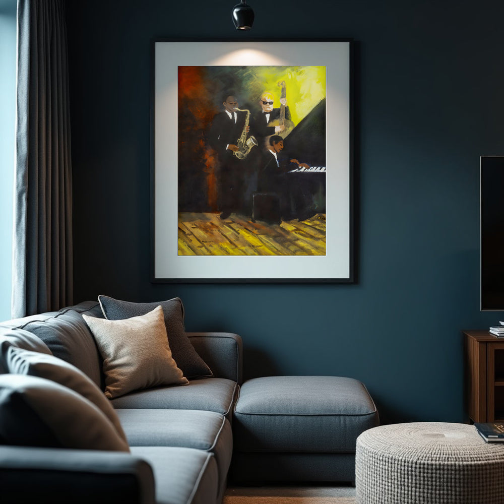 Framed artwork of a jazz band on a dark blue wall above a gray sofa.