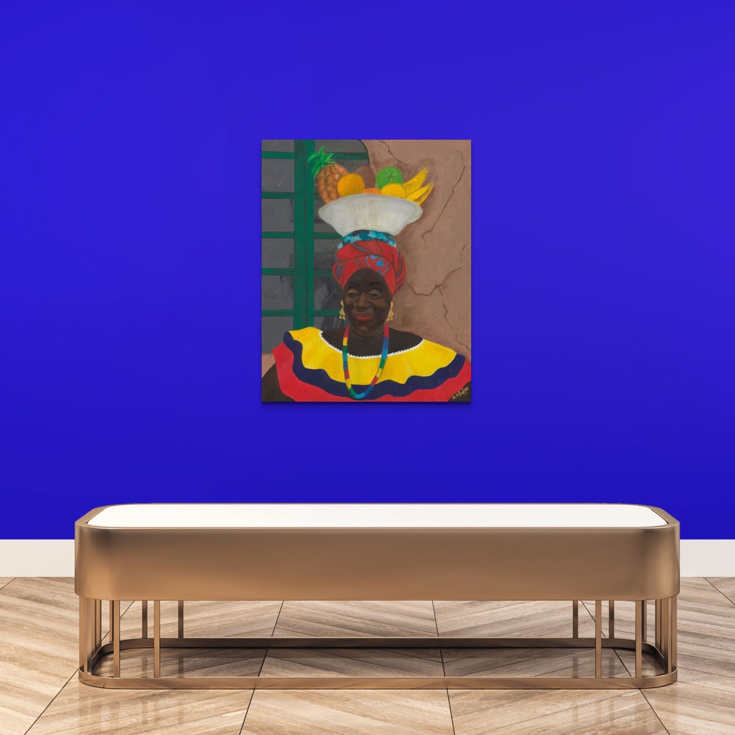 Hey Lady - Framed Canvas Print - travel inspired art hing on blue gallery wall with gold frame
