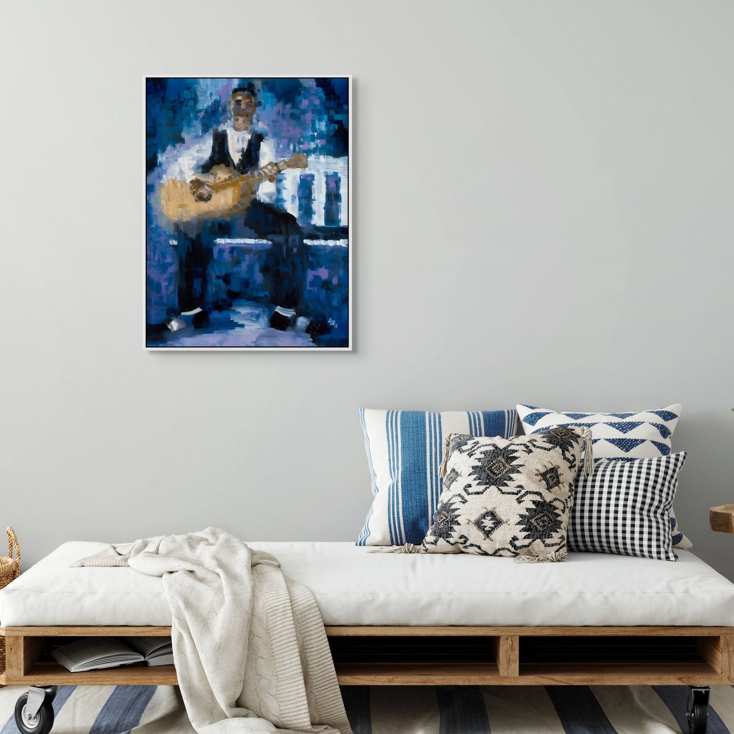 Country Rhythm - Framed Stretched Canvas – Black Musician Art - Guitar Player Print - hung on the wall