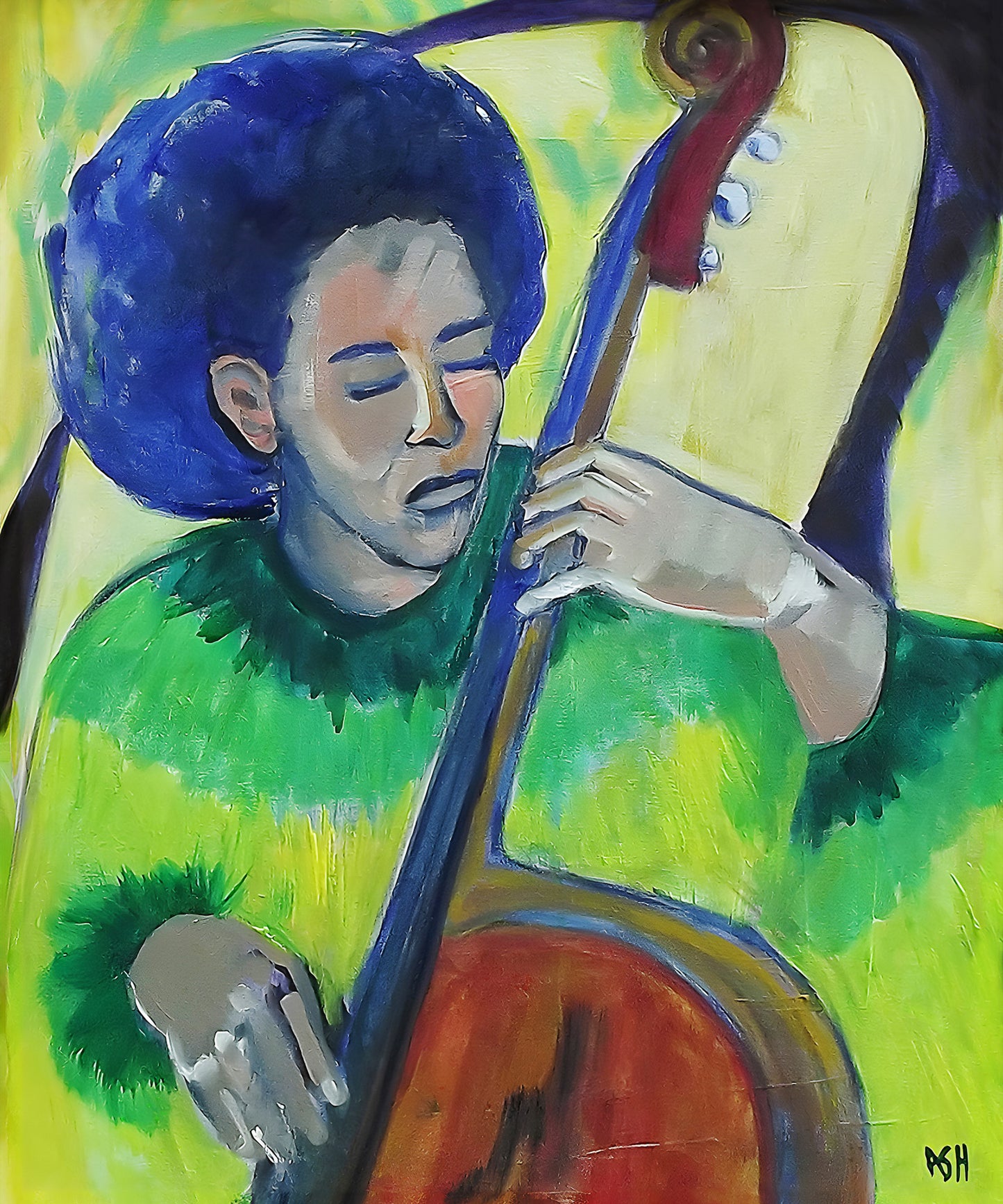 In Tune - Stretched Canvas Print - Bass Player Art - black jazz music