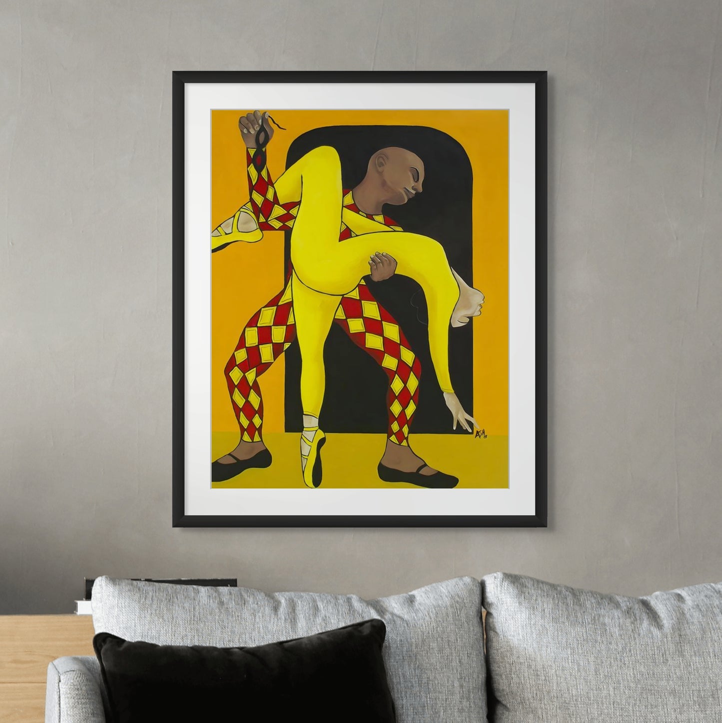 Dance of the Harlequin - Fine Art Print - vibrant color palette - hung in living room above gray sofa