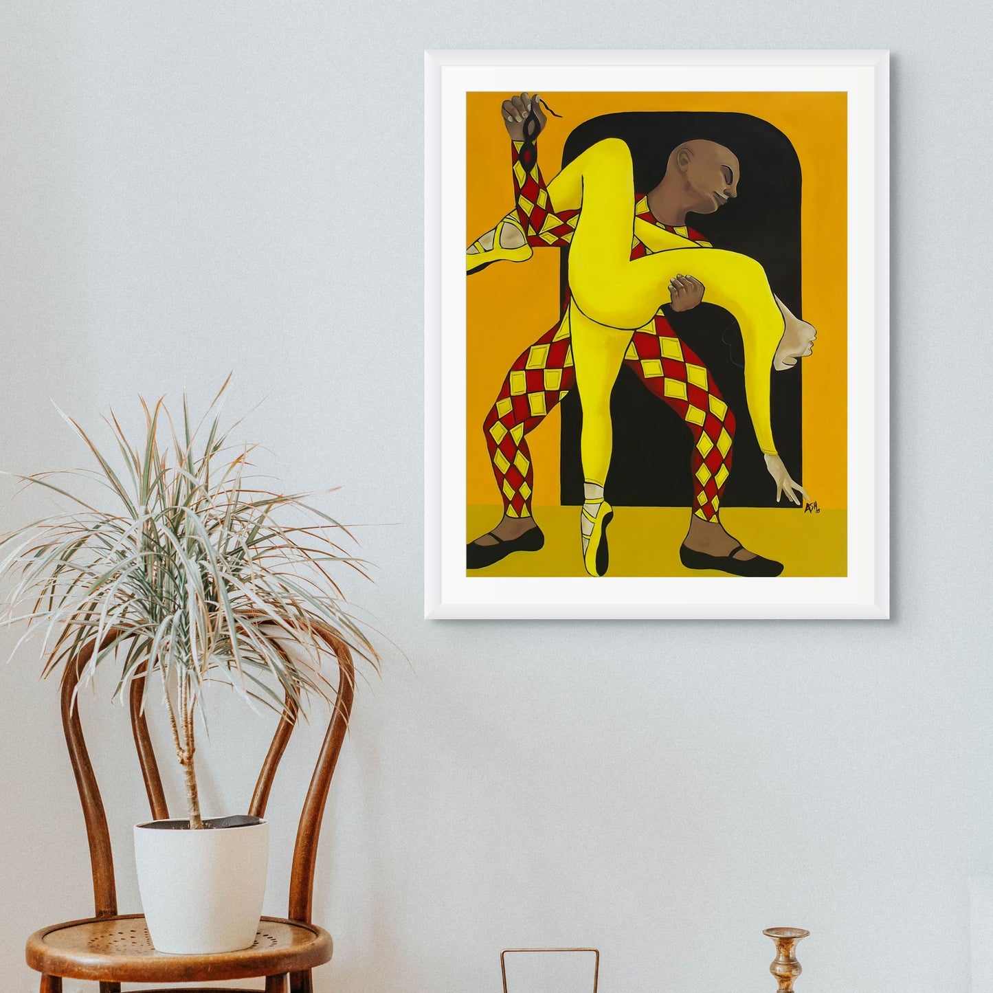 Dance of the Harlequin - Fine Art Print - vibrant color palette - framed in white , hung on a white wall