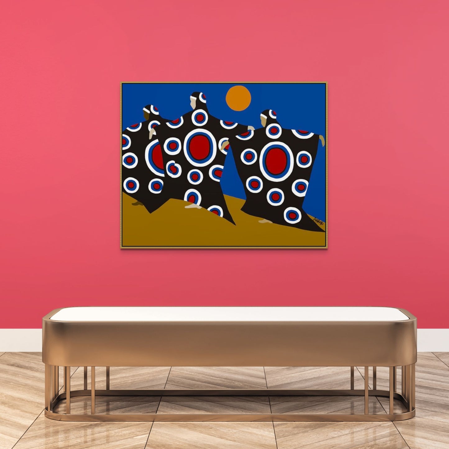 Dance of the Dougla - Framed Stretched canvas Black Cultural Dance Art print - hung on pink gallery wall