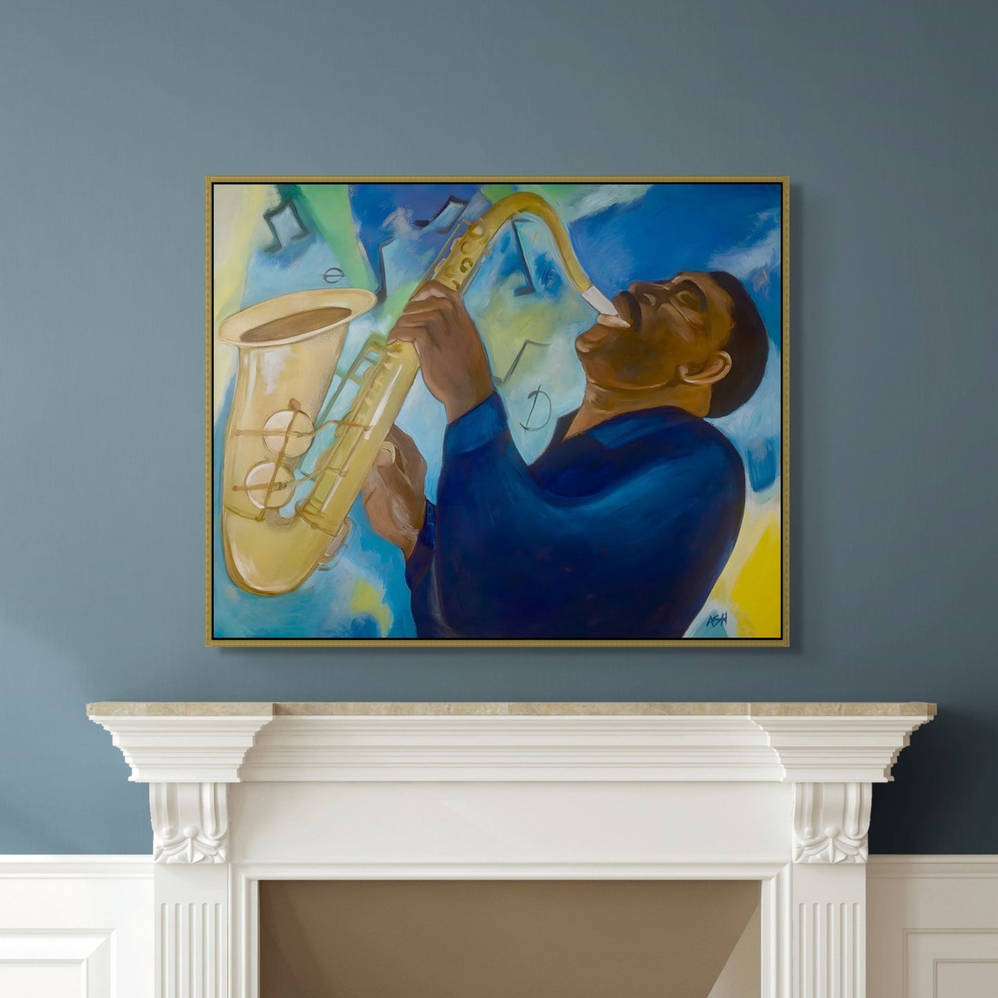 Groovin' - Framed Canvas Print - Art for Jazz Music lovers - framed and hung above a mantle