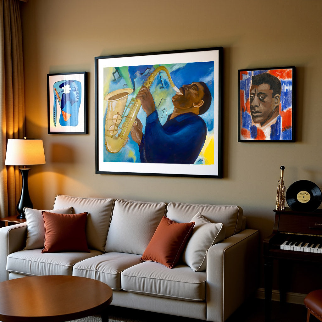 Living room with a couch, table, and 3 pieces of wall art featuring a saxophonist and portraits.
