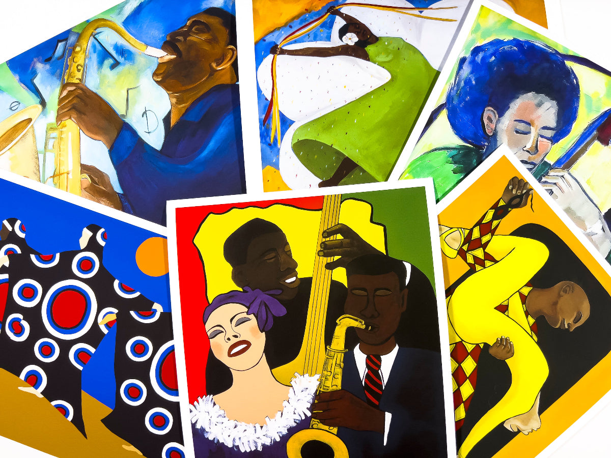 6 african american fine art prints that are very colorful laid on top one another in a pile painted by Antionette Simmons Hodges