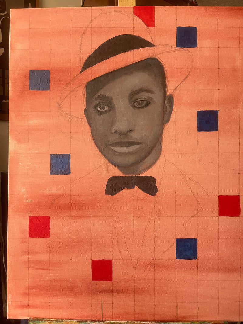 Antionette Simmons Hodges painting Pattern of a Man in her studio — behind-the-scenes creation photo