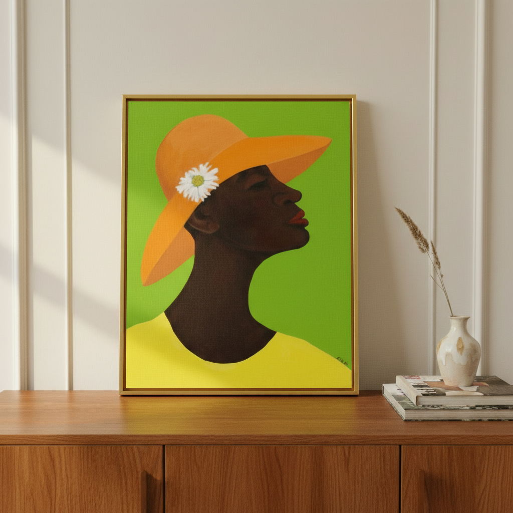 Annabelle's New Hat framed canvas in gold frame on oak sideboard — Black woman art gift by Antionette Simmons Hodges