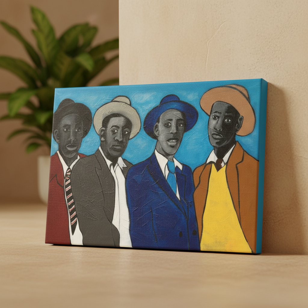 Four Guys canvas print low angle floor lean — Black dandyism art by Antionette Simmons Hodges — African American men wall art gift