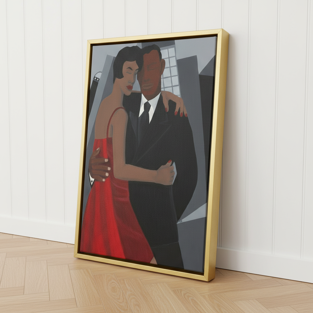 African American wall art in gold frame leaning on paneled floor — Black couple art print by Antionette Simmons Hodges