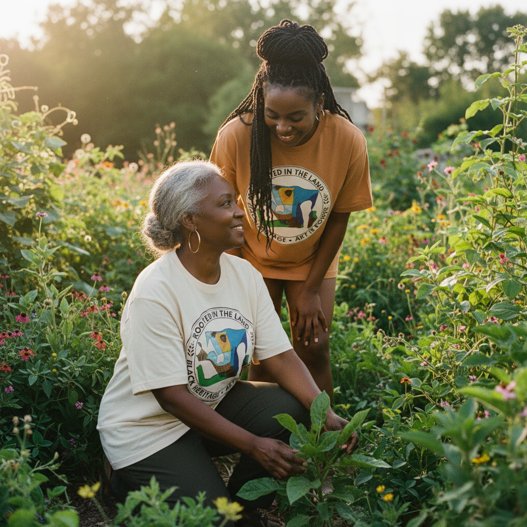 Older woman and younger woman in a garden wearing the Rooted in the Land tee — Art Is Power Vol. I
