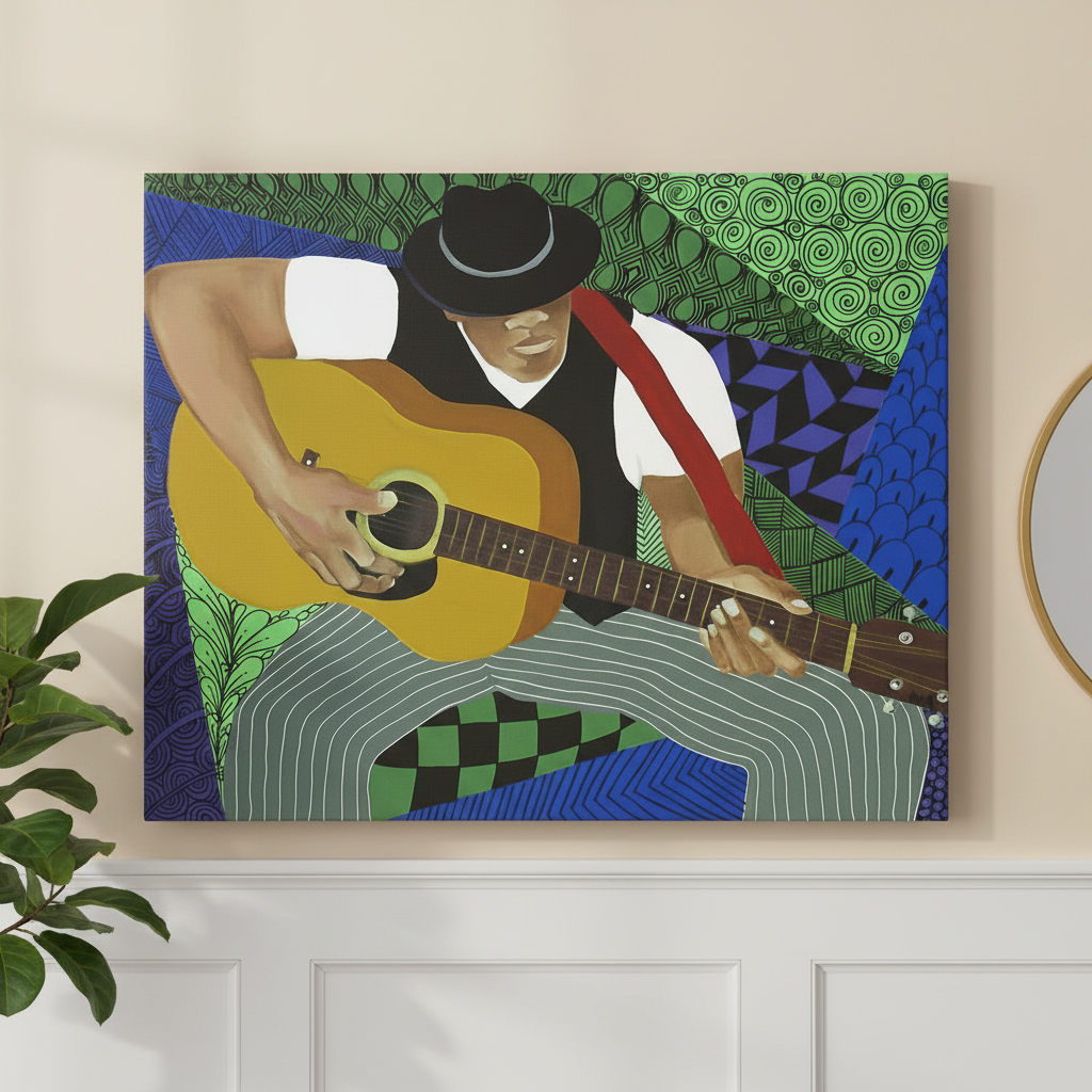 Blues Guitarist Tangle Series canvas print hung on wainscoting wall — African American jazz music wall art by Antionette Simmons Hodges