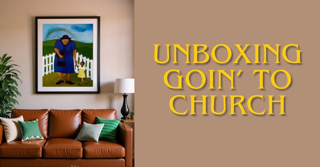 goin' to church black art print hung above a brown leather sofa in a living room
