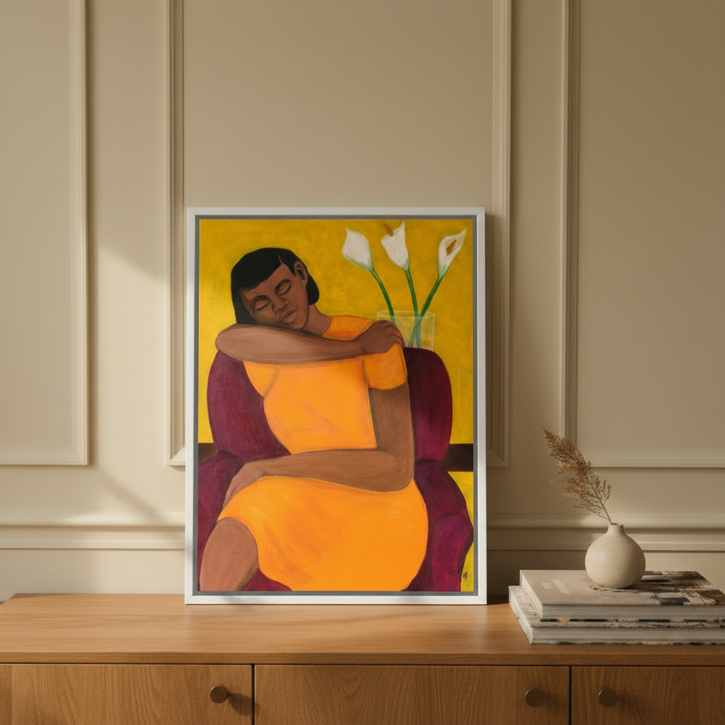 Black woman meditation framed canvas art in a bedroom setting by Antionette Simmons Hodges