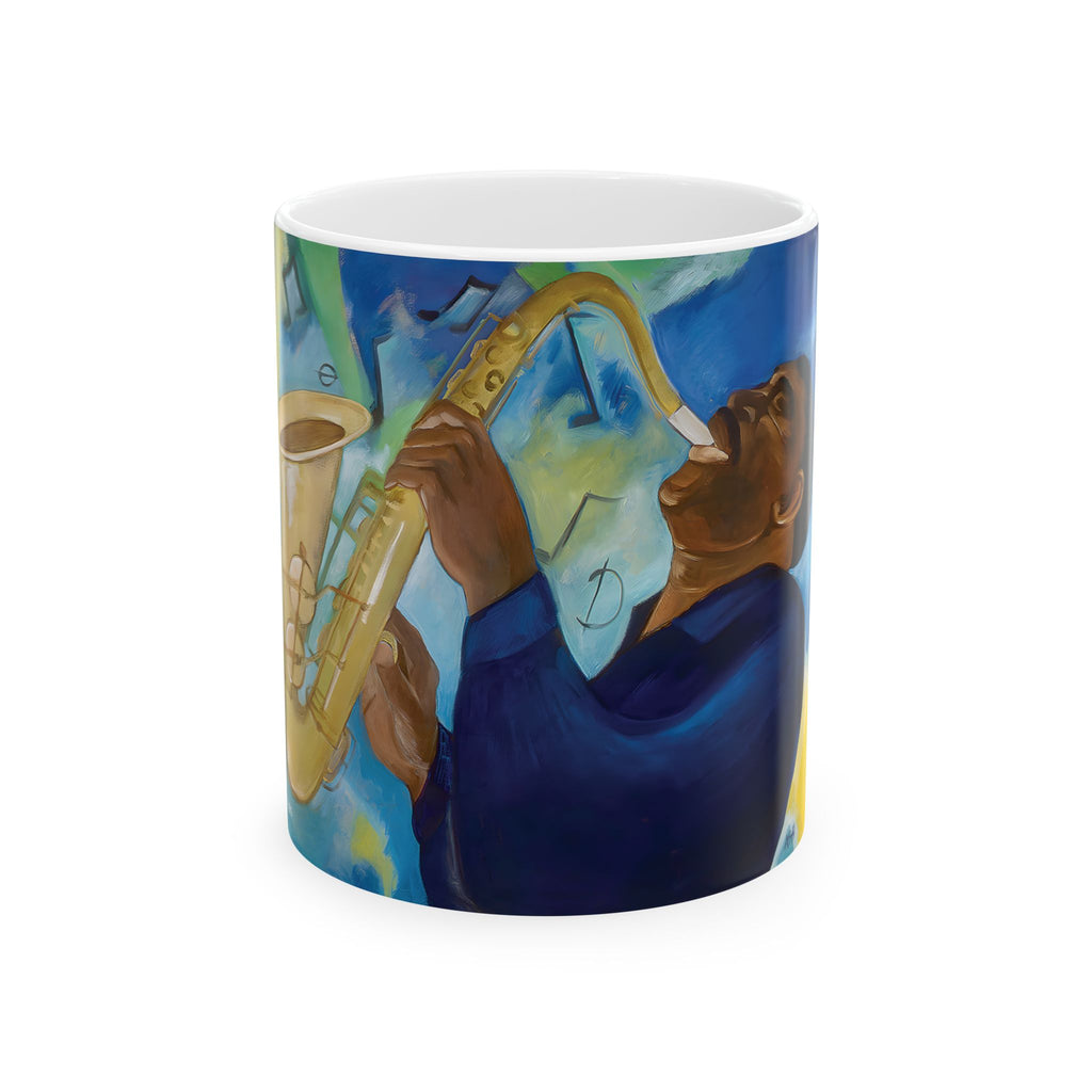Groovin' jazz saxophone art mug alternate angle — vibrant musician Black art ceramic coffee cup