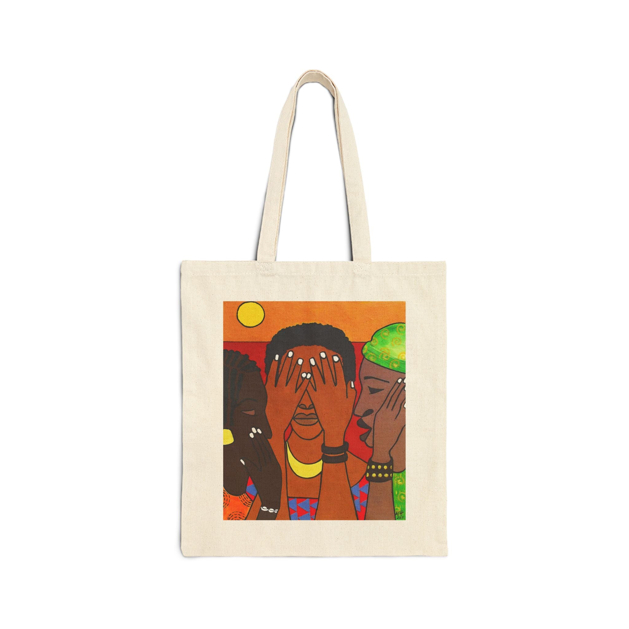 African Women Wisdom Art Tote Bag | See Hear Speak No Evil | Black Artist Cotton Canvas | Unity Gift