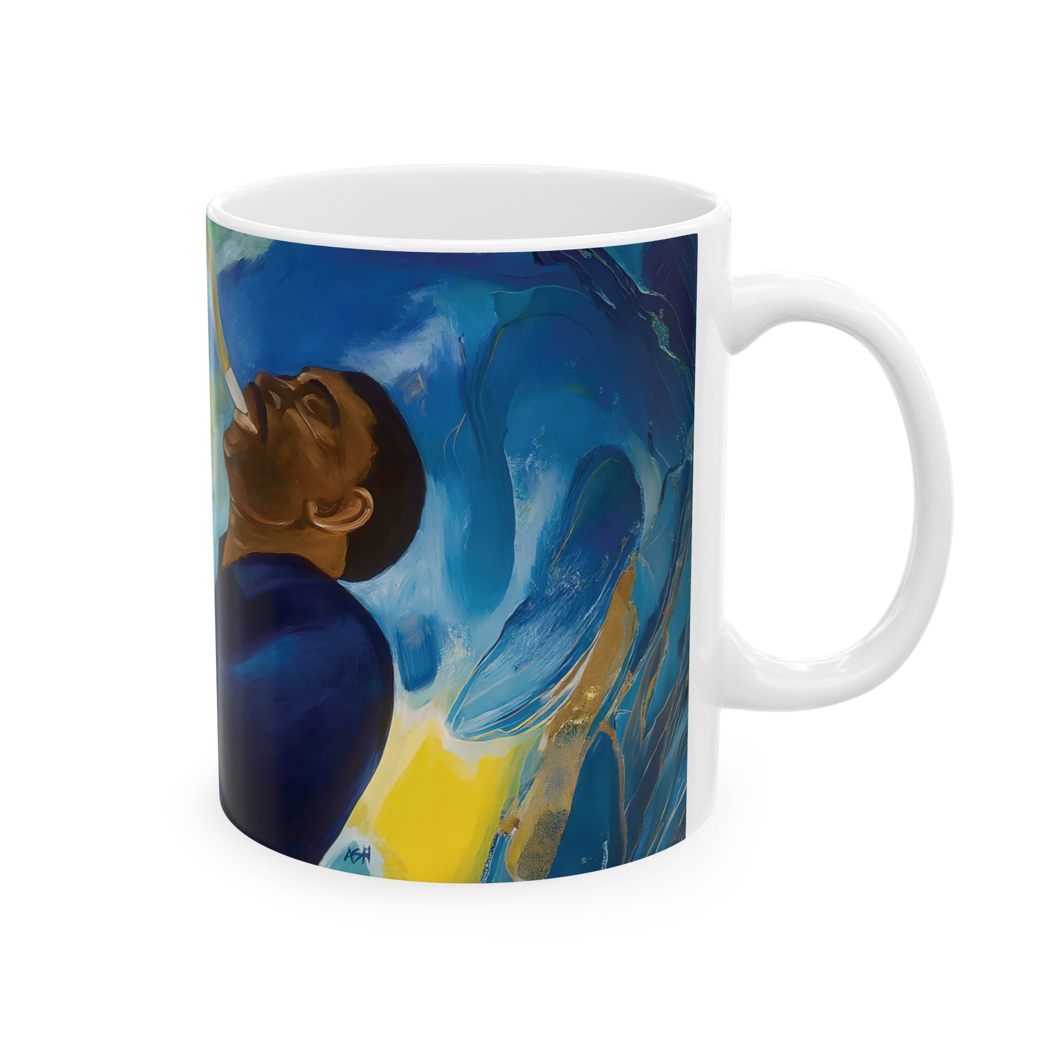 Groovin' jazz saxophone art mug detail view — colorful musician art on 11oz glossy ceramic coffee cup