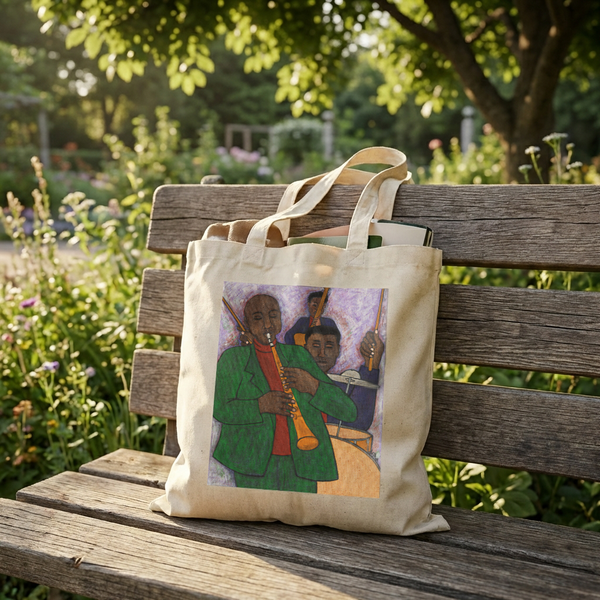 Jazz Art Tote Bag close-up showing Three Musicians design detail and cotton canvas texture