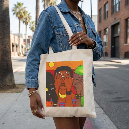 See Hear Speak No Evil tote bag back view showing African women unity art on cotton canvas