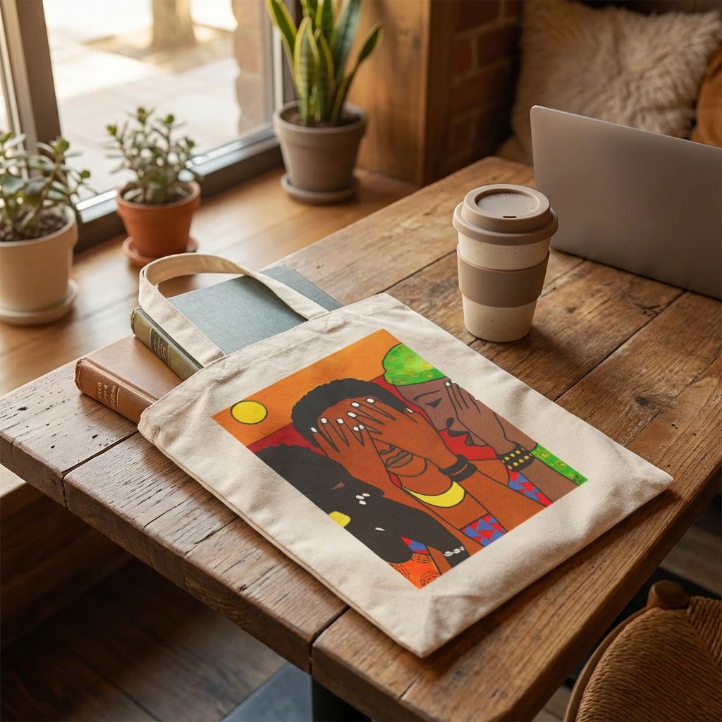 African Women Wisdom Art Tote Bag lifestyle flatlay — unity art gift for women by Black artist