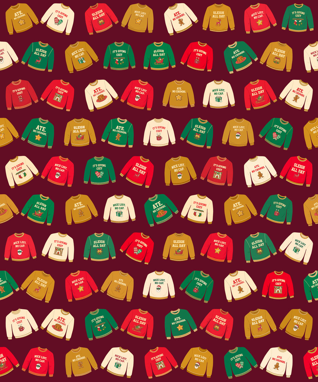 Funny Christmas Sweater Nice List No Cap gift wrapping paper, all colorways, pattern close up