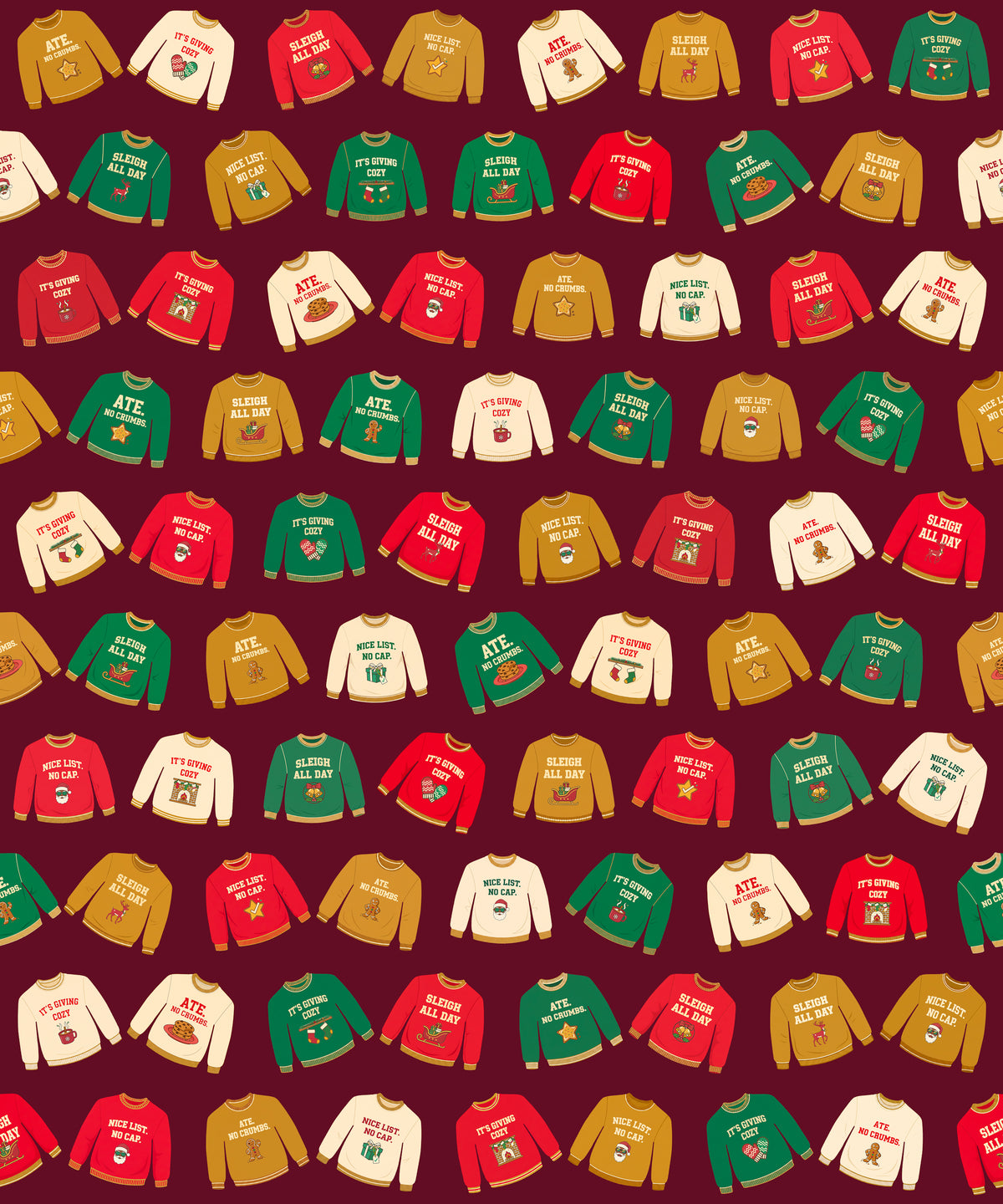 Funny Christmas Sweater Nice List No Cap gift wrapping paper, all colorways, pattern close up