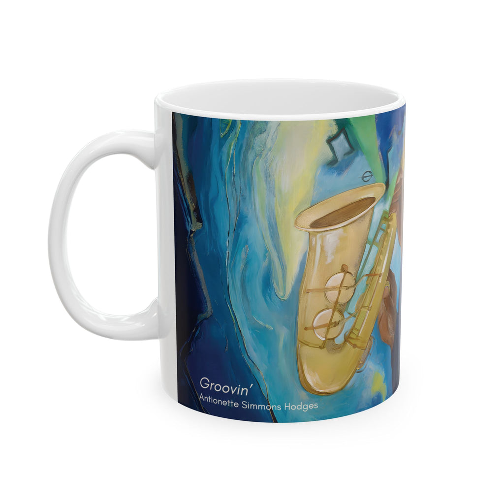 Groovin' jazz saxophone art mug front product view — 11oz glossy Black art ceramic coffee cup