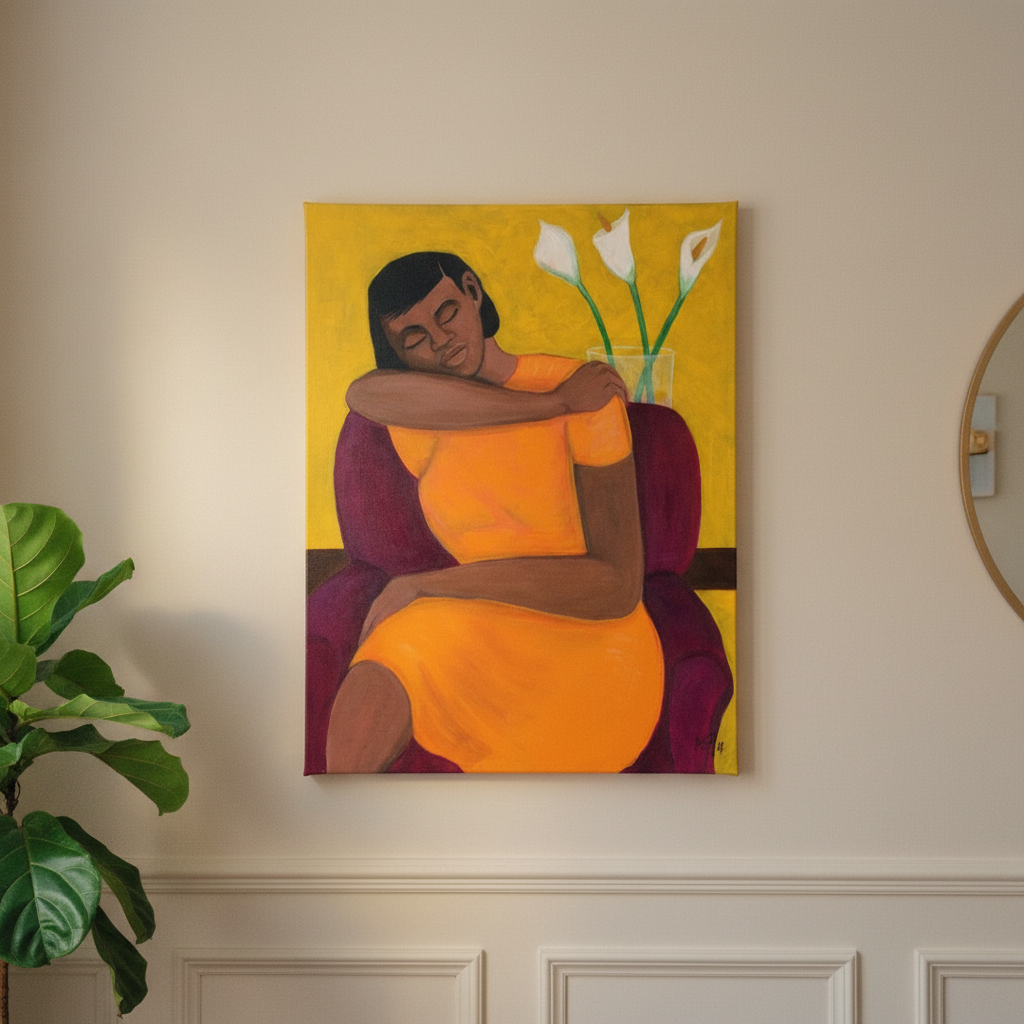 A Quiet Moment stretched canvas print hung on a wall, showcasing a serene Black woman with a calla lily in warm orange and purple tones.