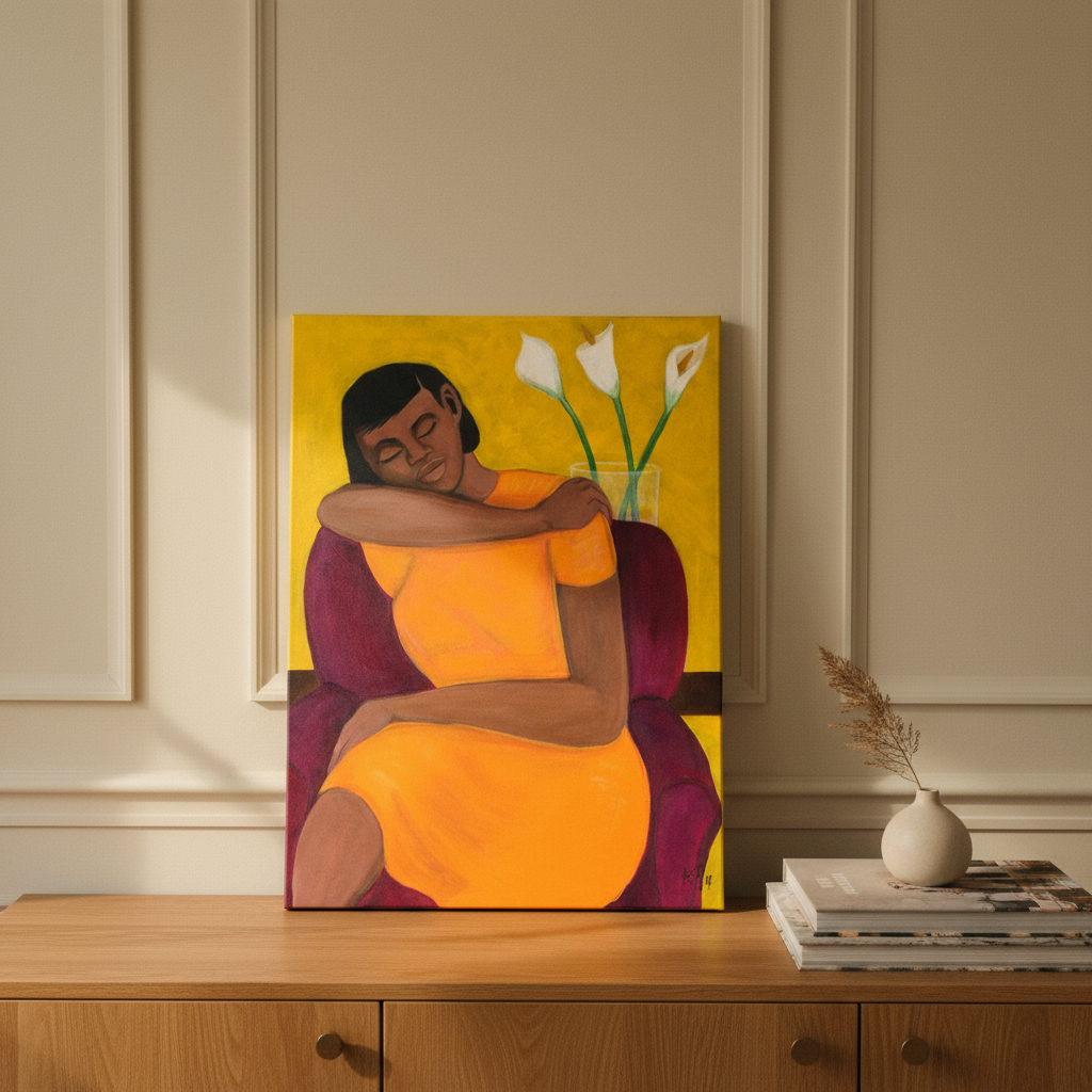 A Quiet Moment stretched canvas print resting on a wood cabinet, featuring a Black woman in a vibrant orange dress cradling a calla lily.