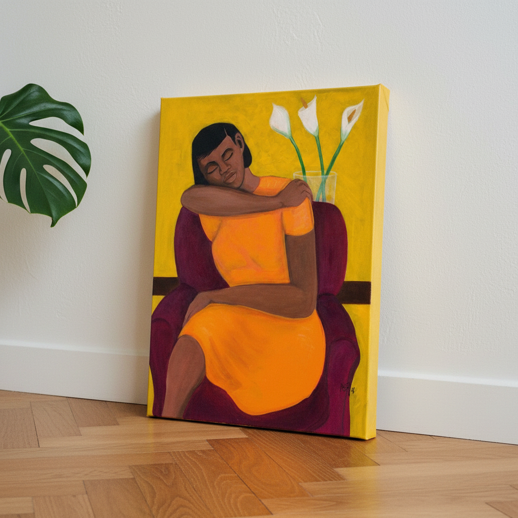 A Quiet Moment stretched canvas print leaning against the floor at a low angle, displaying feminine energy wall art by Antionette Simmons Hodges.