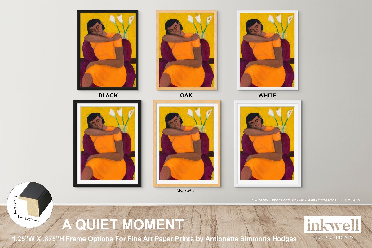 rendering showing prints of 'A Quiet Moment' examples of 1.25 x.875 black, oak, white frame options with and without matting.