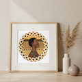 Framed artwork of an african woman warrior with geometric patterns on a beige wall with decorative vases.