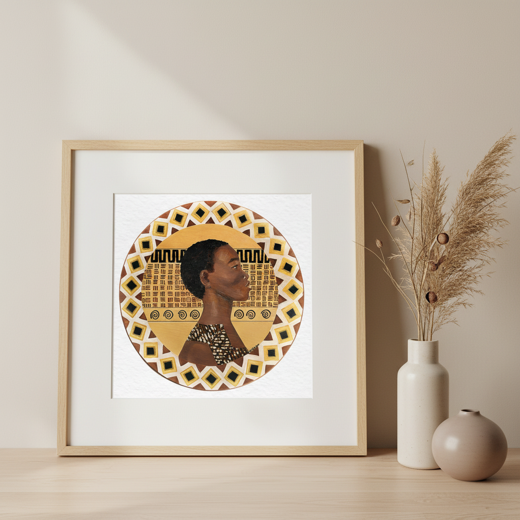 Framed artwork of an african woman warrior with geometric patterns on a beige wall with decorative vases.