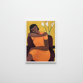 A Quiet Moment fine art print — full image on pure white wall showing relaxing Black woman with calla lilies