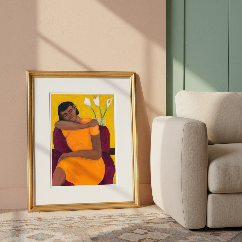 Framed artwork of a woman in an orange dress with white flowers on a beige wall next to a beige sofa.