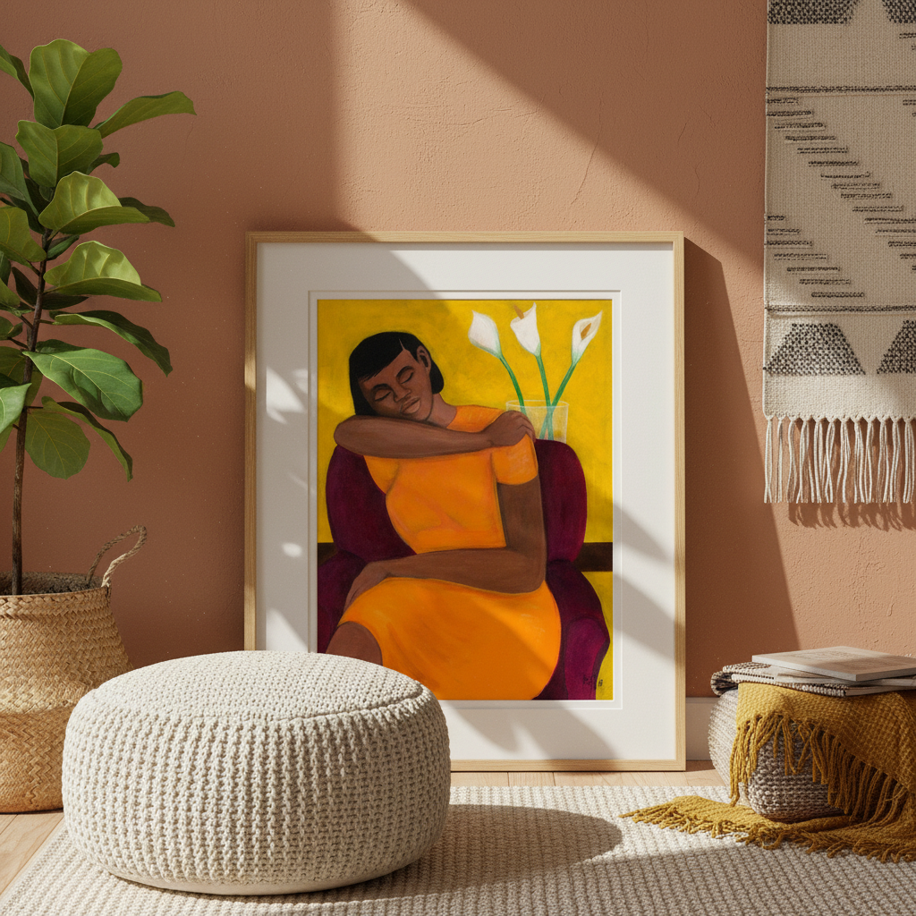 Framed artwork of a woman in an orange dress on a wall with a plant and textured rug.