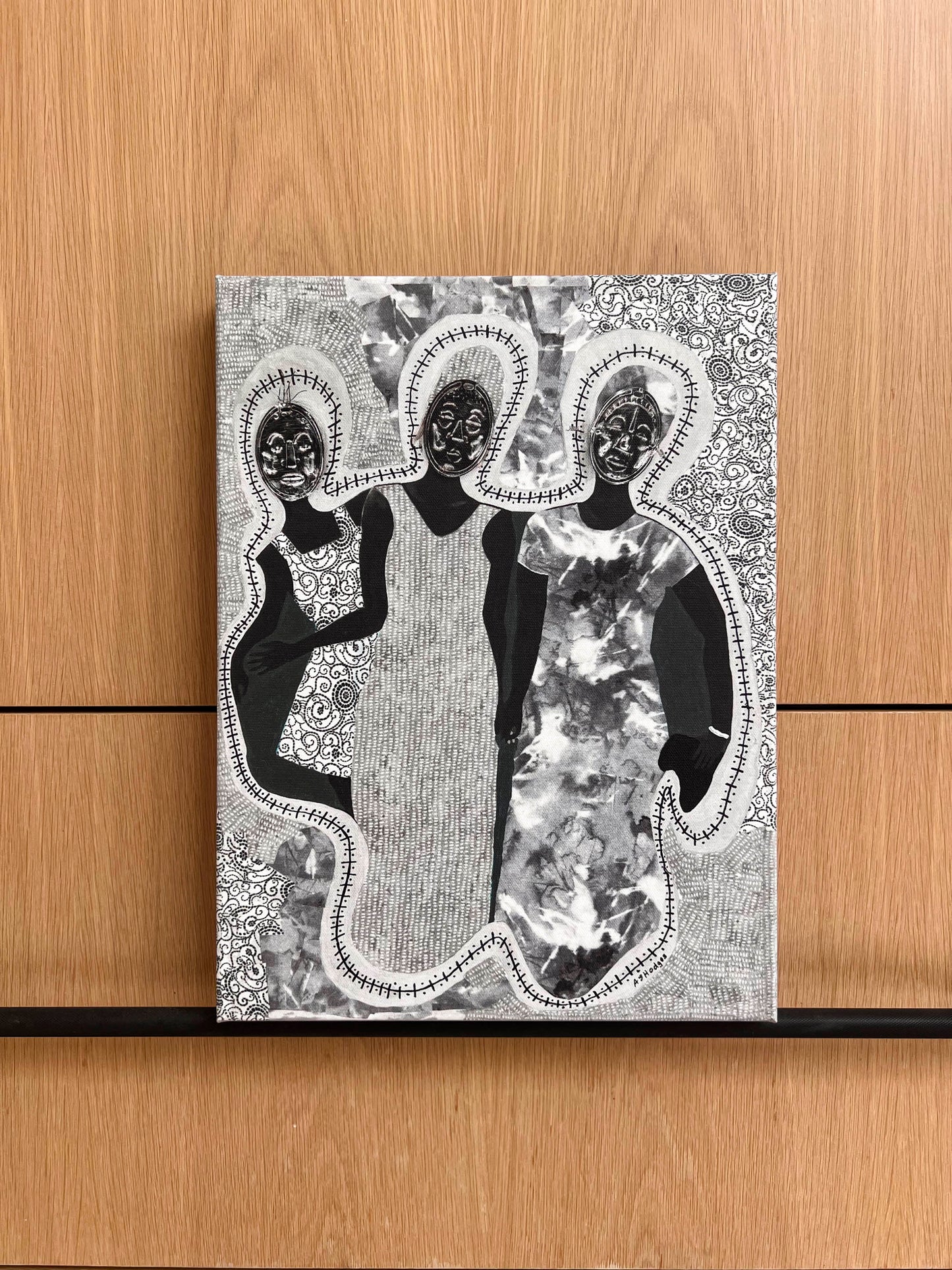 African American art print 'Mirror Mirror' by Antionette Simmons Hodges on Gray Fabric,  depicts 3 woman with Afrocentric faces