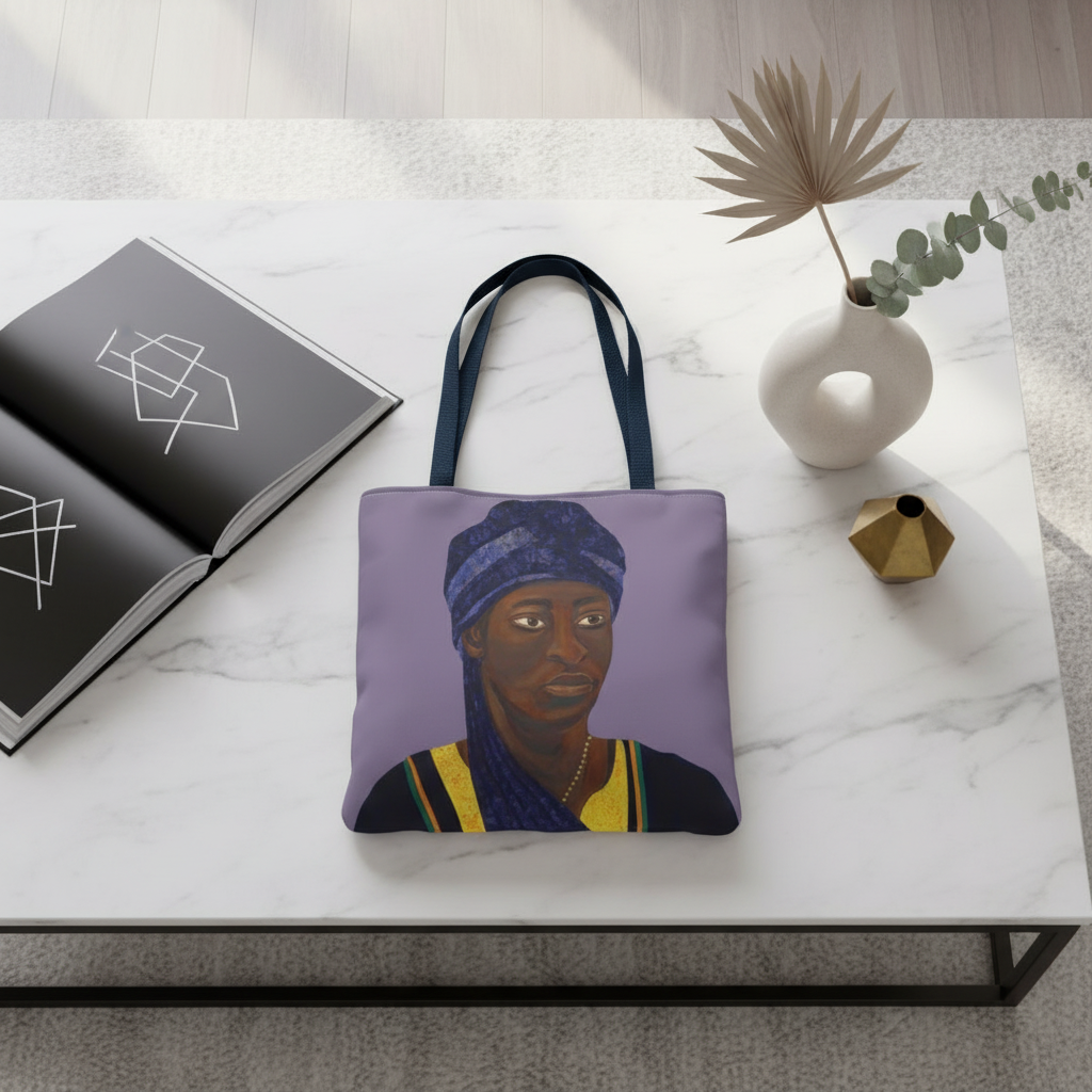 The African Art Tote Bag gallery table flatlay — meaningful Pan-African art gift display