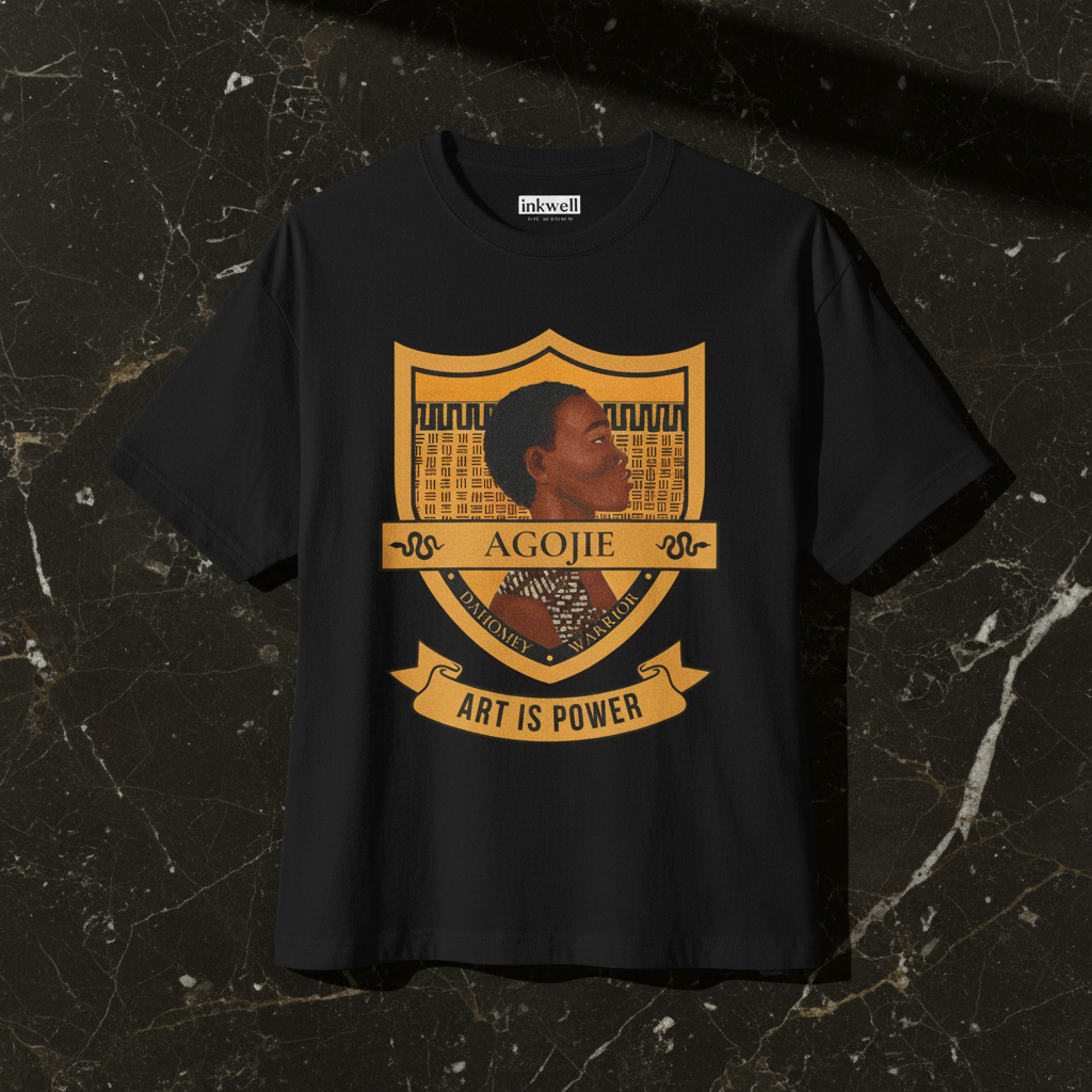 Dahomey Warrior tee flatlay showing Art Is Power print detail — Art Is Power Vol. I | Inkwell Fine Art Prints