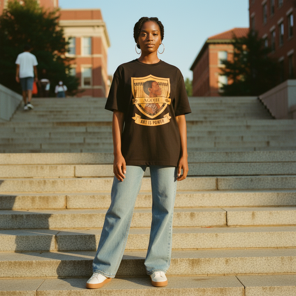 Black woman with bantu knots wearing Dahomey Warrior tee on HBCU campus — Art Is Power Vol. I | Inkwell Fine Art Prints