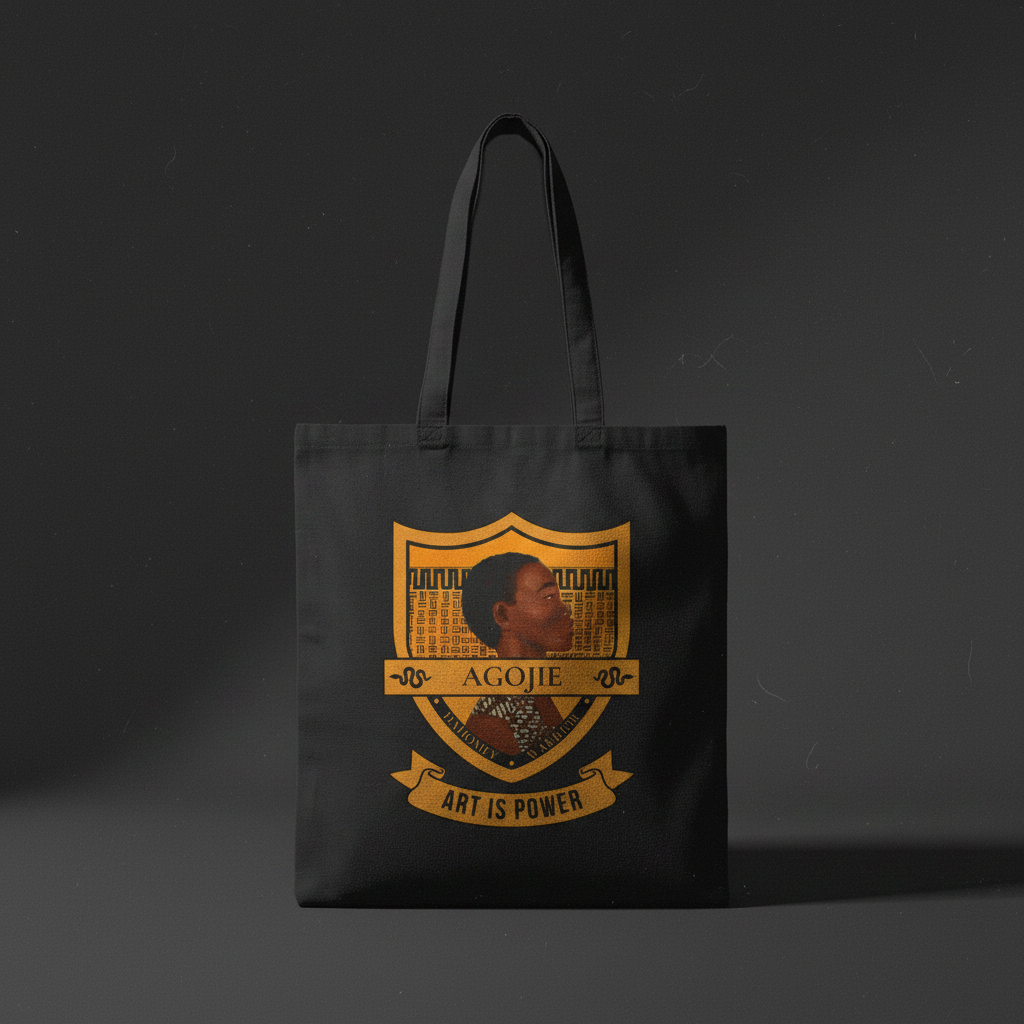Dahomey Warrior black canvas tote bag standing upright product view — Art Is Power Vol. I by Inkwell Fine Art Prints