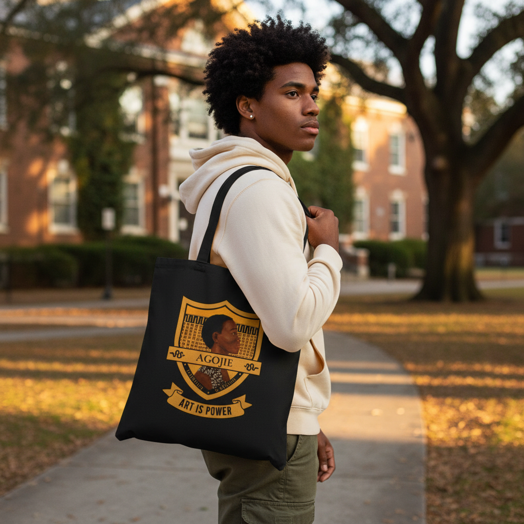 Black man carrying the Dahomey Warrior black canvas tote bag — Art Is Power Vol. I by Inkwell Fine Art Prints