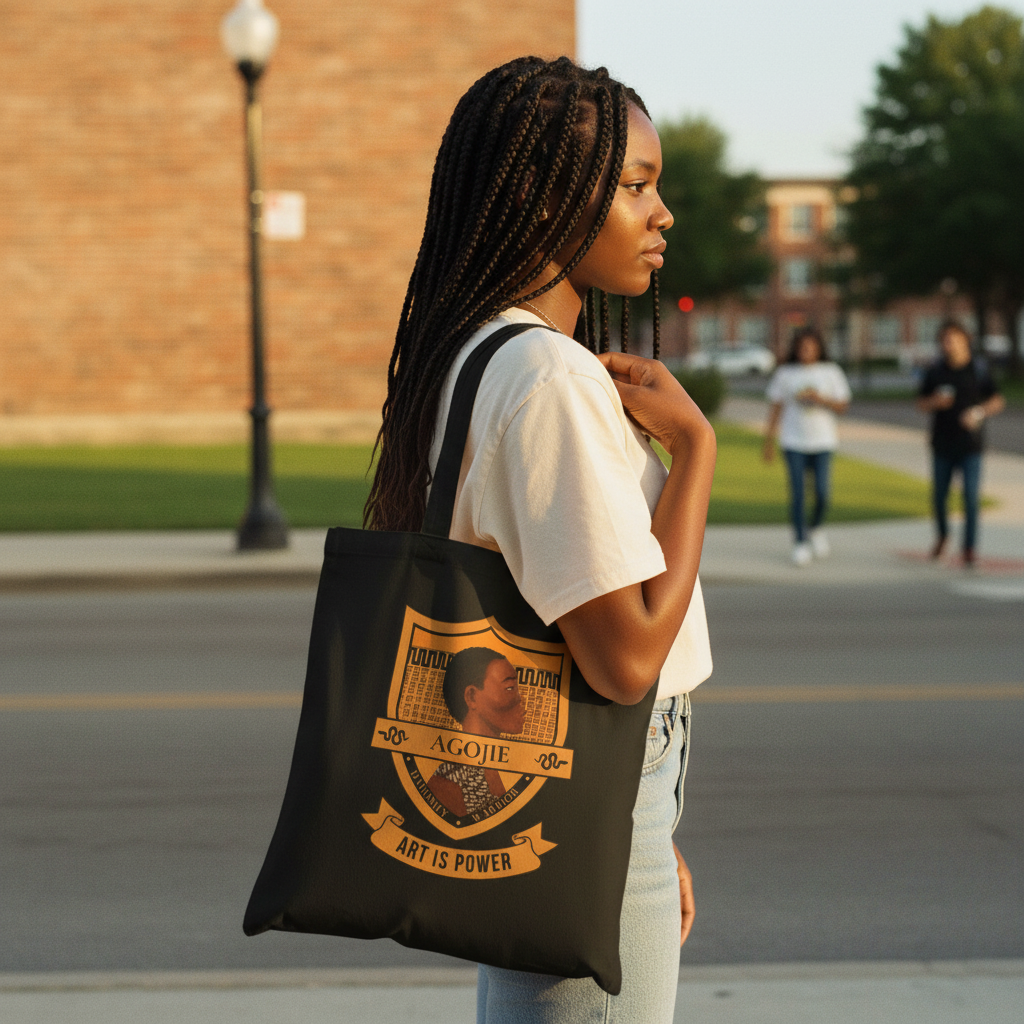 Black woman carrying Dahomey Warrior black canvas tote bag — Art Is Power Vol. I | Inkwell Fine Art Prints
