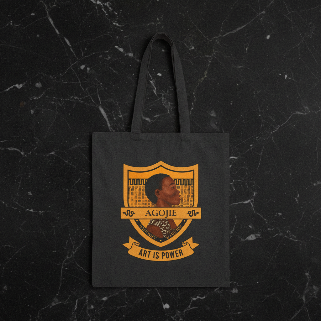 Dahomey Warrior black canvas tote bag front view on black marble — 12oz cotton double-sided print | Art Is Power Vol. I by Inkwell Fine Art Prints