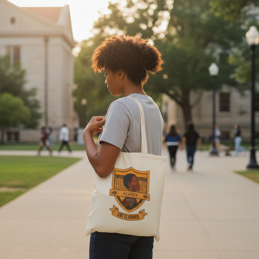 Black woman carrying the Dahomey Warrior natural canvas tote bag — Art Is Power Vol. I by Inkwell Fine Art Prints