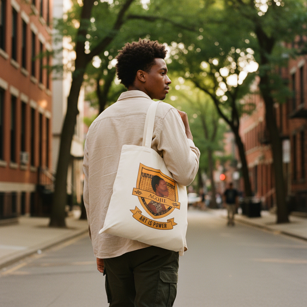 Black woman lifestyle shot with Dahomey Warrior natural canvas tote bag — Art Is Power Vol. I by Inkwell Fine Art Prints